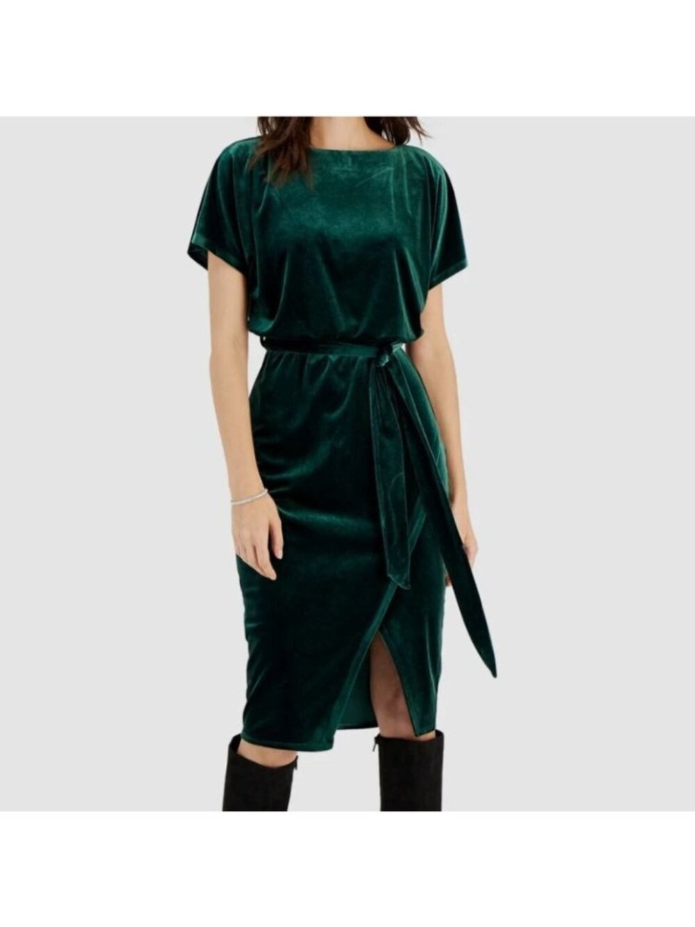NWT Kensie Womens Green Velvet Stretch Boat Neck Tie-Waist Sheath Dress S SMALL